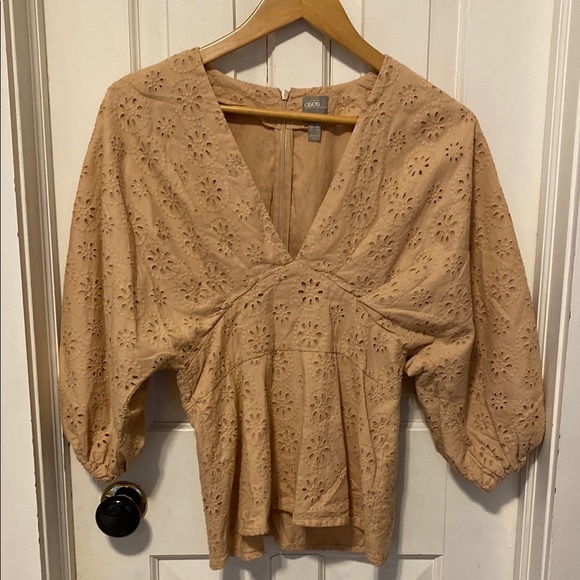 ASOS Tan Floral Eyelet Blouse with Balloon Sleeves and Empire Waist Boho Peasant - Picture 11 of 14